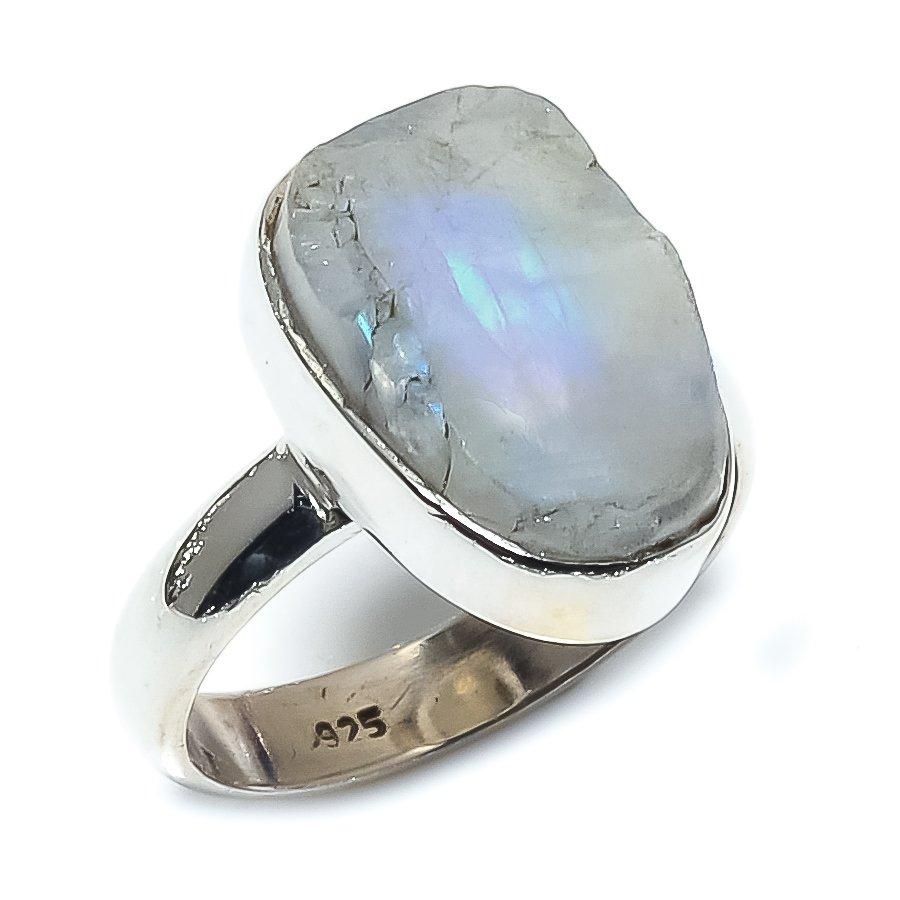 Natürlicher Regenbogen-Mondstein-Edelstein, 925er Sterling-Silber, Geschenkring S.6 W1O64