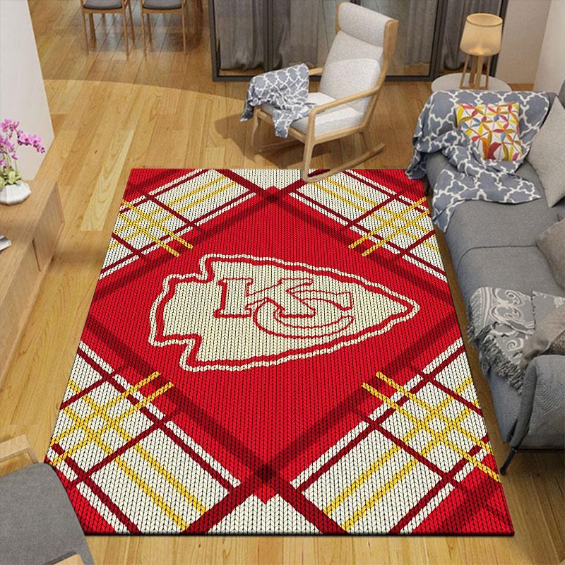 Kansas City Chiefs Flannel Printed Carpet, Home Sofa Decoration for Living Room & Bedroom, Non‑Slip Play Flannel Floor Mat for Game Room