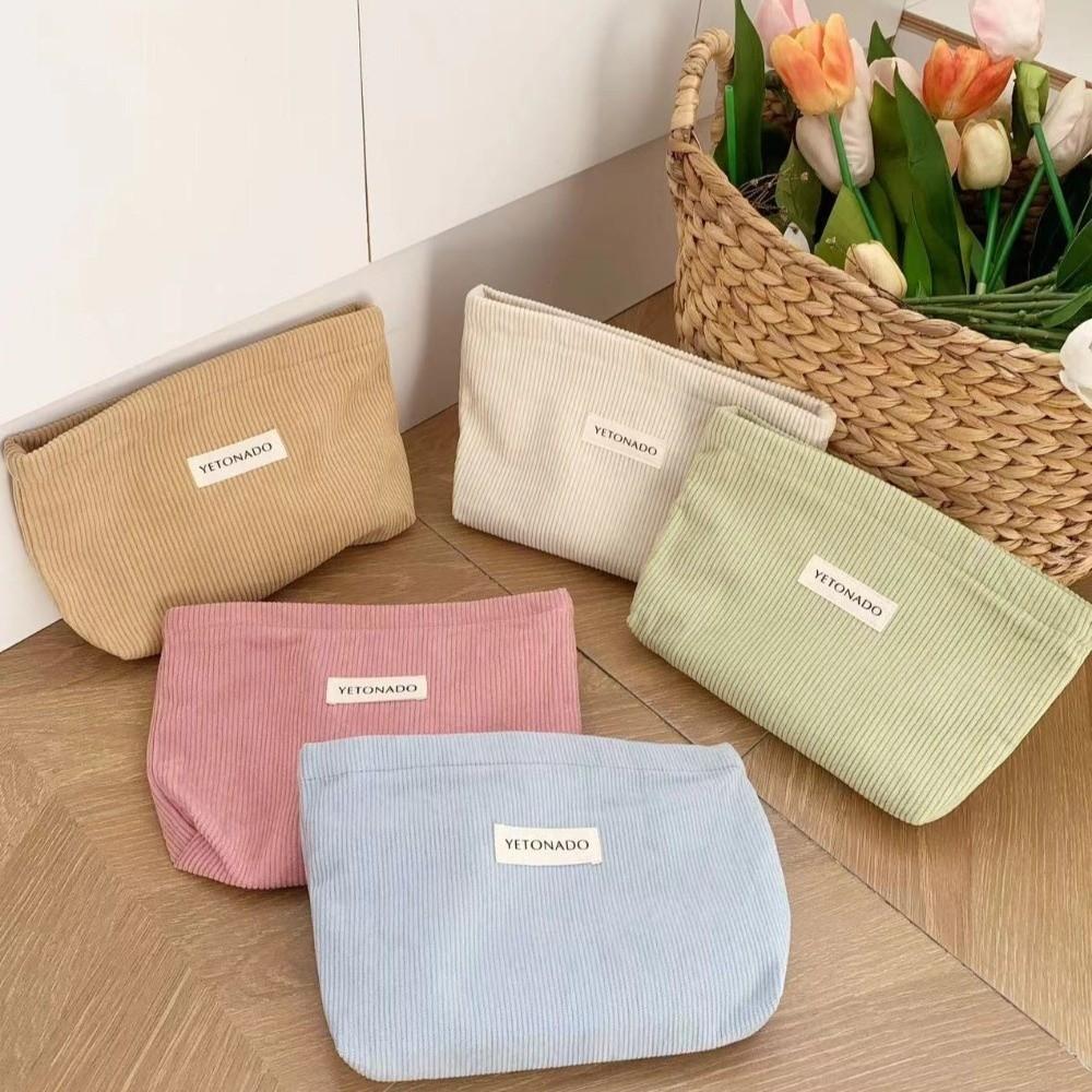 Simple Solid Color Cosmetic Bag Corduroy Multifunctional Storage Bag with Zipper Large Capacity Toiletry Bag Women