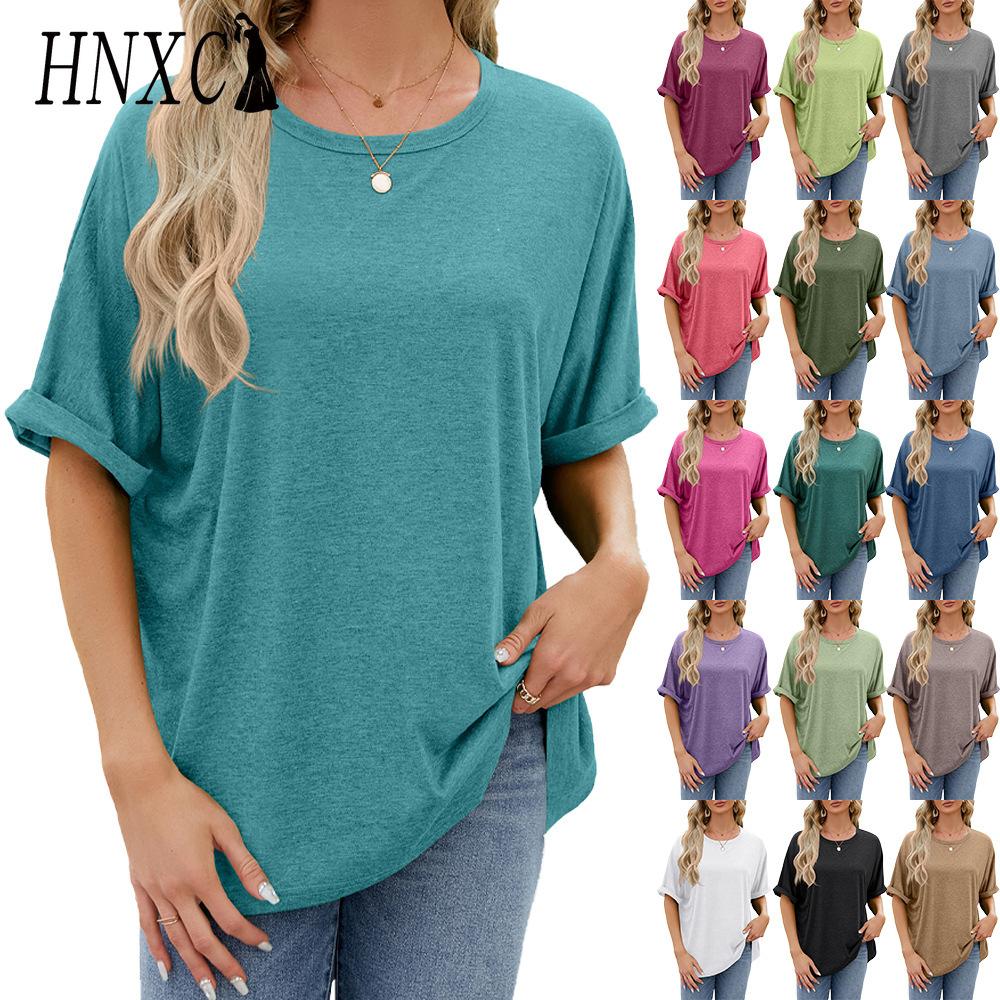 HNXC Spring Summer Solid-color Round-neck Loose Short-sleeved T-shirt Top for Women