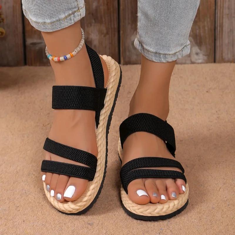 Ladies Shoes 2025 Open Toe Women's Sandals Summer Elastic Band Casual New Plus Size Concise Best Seller Flat Sandals