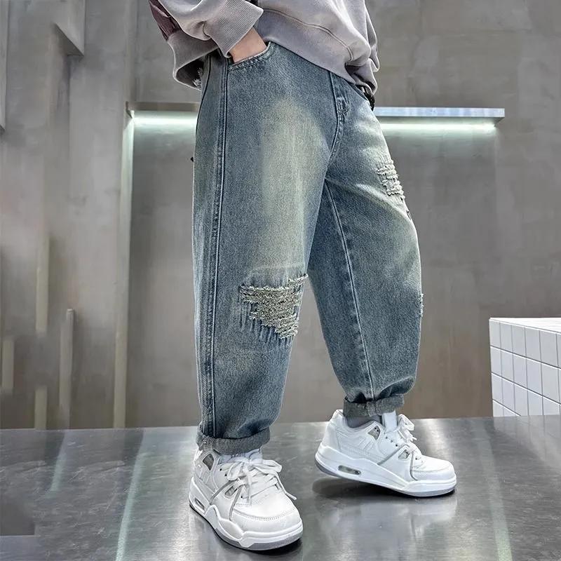 Quattro Stagioni Primavera Autunno Jeans Ragazzo Bambini Pantaloni di Jeans Larghi Adolescente Moda Primavera Pantaloni Larghi Bambini Abbigliamento Bello