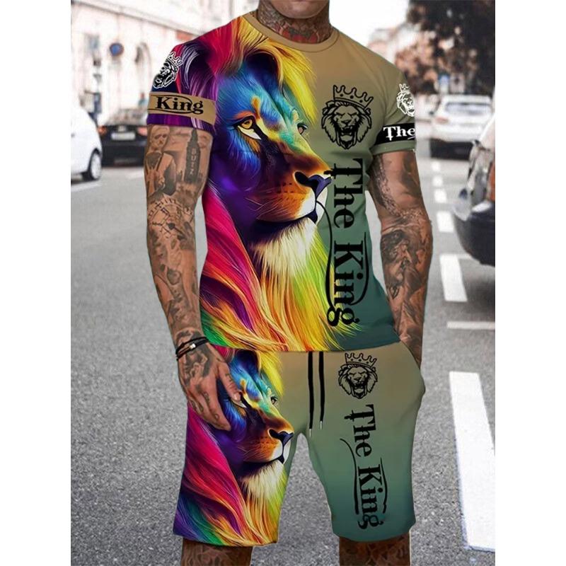Casual Everyday Short Sleeve+ Shorts 2PCS Set Cool The Lion King 3DPrint T-Shirt +Drawstring Short Set Men's Set Camping