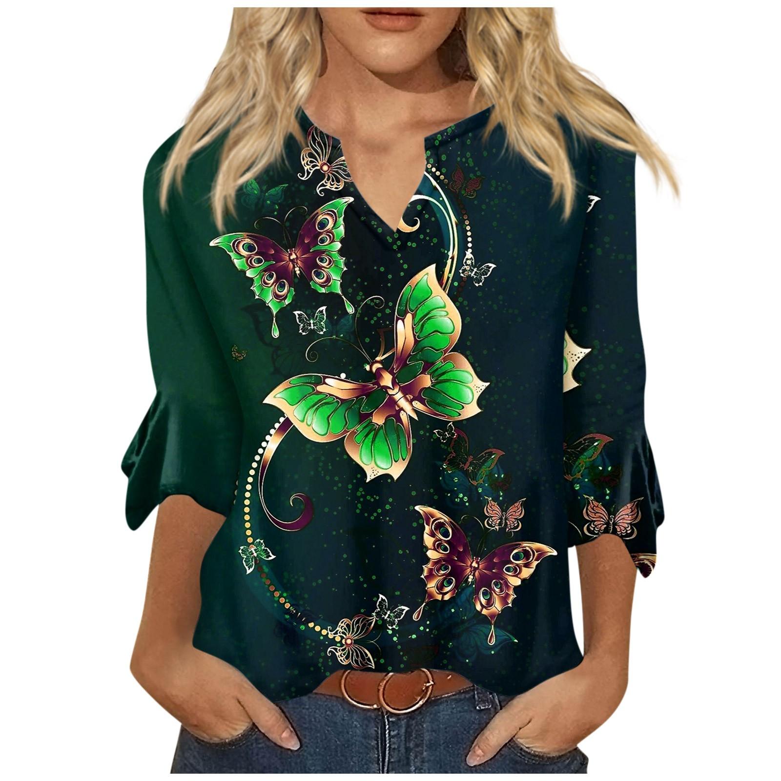 

Рубашки с рукавом 3/4 для женщин, футболки с рисунком и принтом, блузки, повседневные базовые топы больших размеров, пуловеры L зелёный