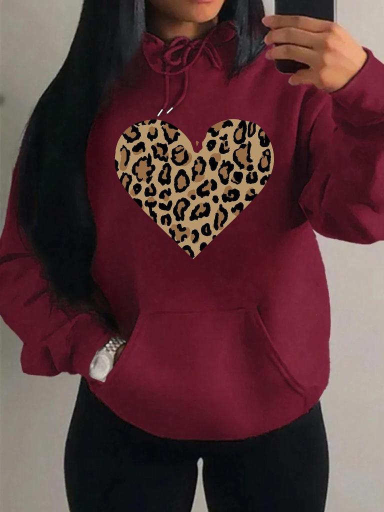 Women's Loose Leopard Heart Print Fleece Hoodie