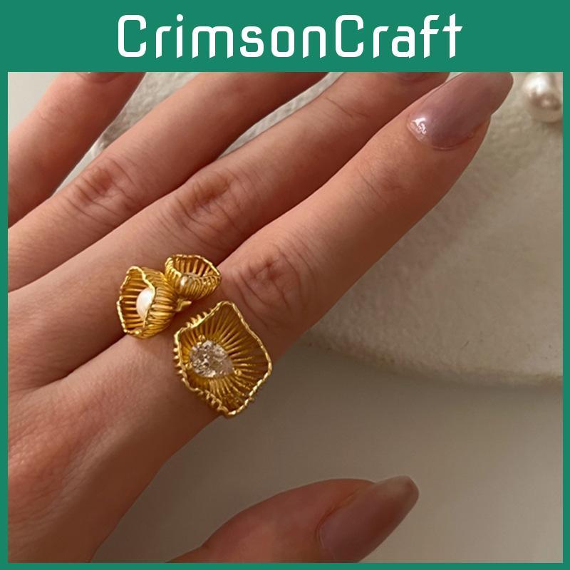 Elegant Vintage Woven Metal Pearl And Zircon Flower Design Ring For Women