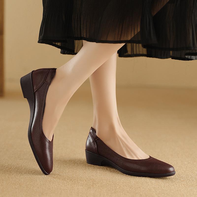 Miękkie i wygodne babcine buty ze skóry owczej, gruby obcas, średni obcas, buty do pracy, okrągły nosek, lekkie wycięcie, jednolite buty