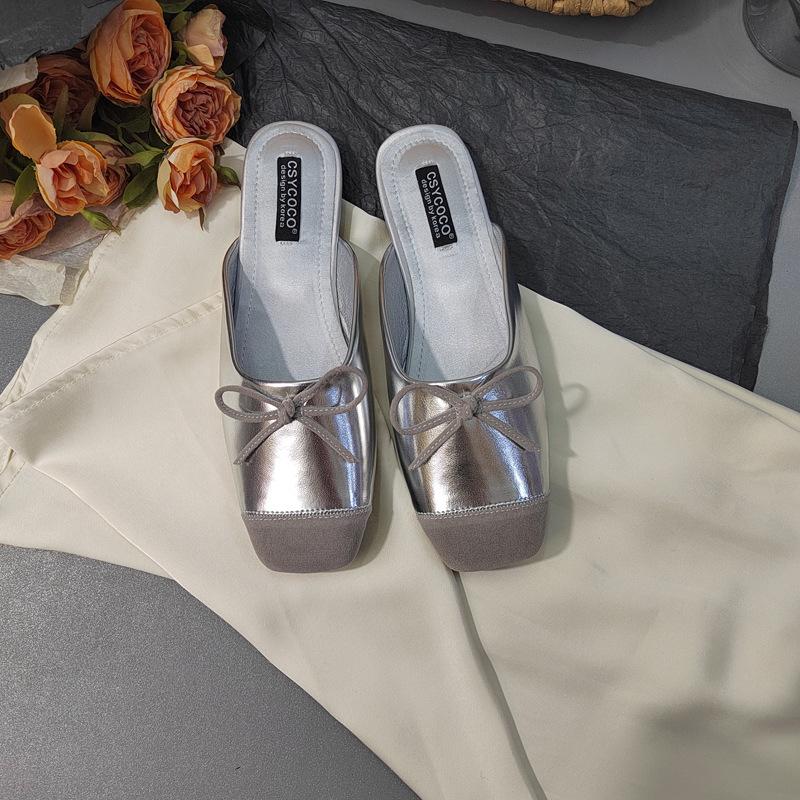 Wind Color Matching Dopamine Candy Color Flat-bottomed Slippers French Age-reducing Bow Fairy Satin Bag Head Slippers