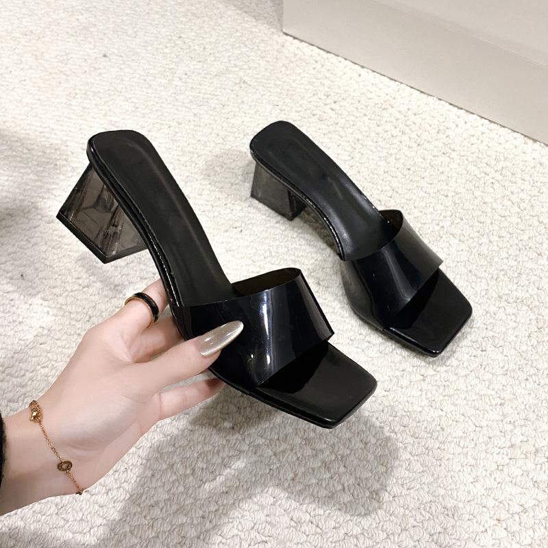 Transparent crystal slippers for women's outer wear 2025 summer new thick high-heeled square-toed open-toed slippers for women's summer outer wear