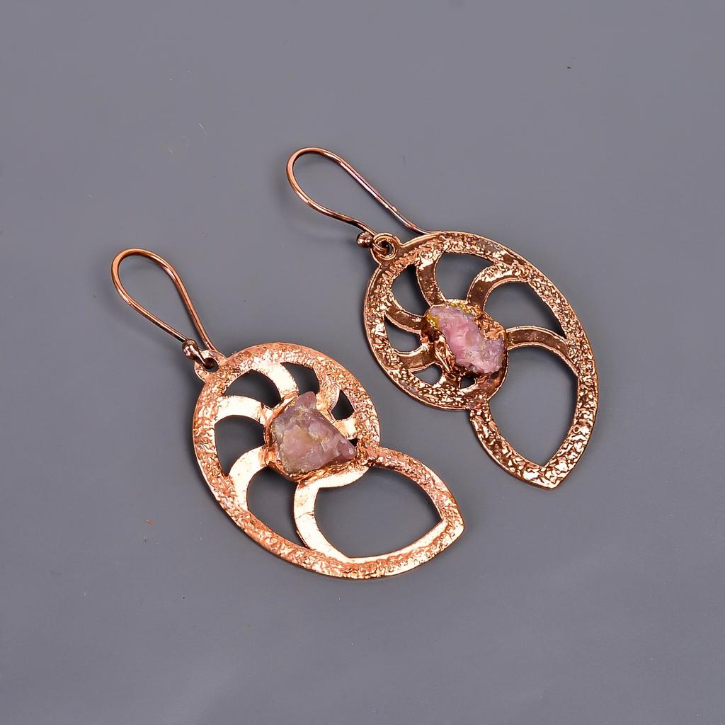 Natural Pink Sapphire Copper Dangle Daughter Gift Electroformed Earrings Jewelry V-103