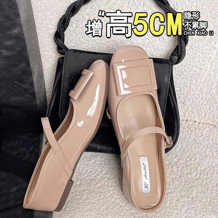 Sheepskin version~ Small man inner height increase 5cm black bag head half drag 2025 summer French Mary Jane sandals women's shoes