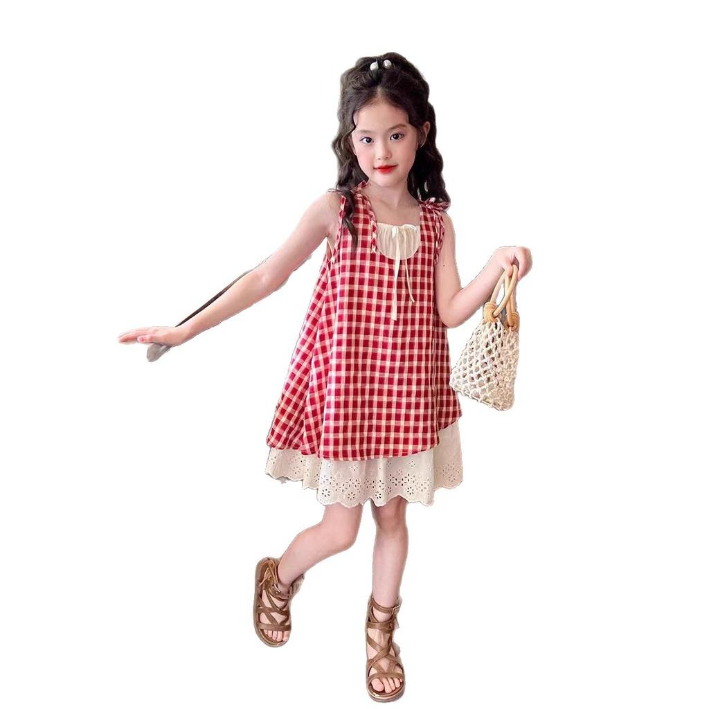 Girls Summer Checkered Sleeveless Dress Korean Casual Sundress for Toddlers and Kids