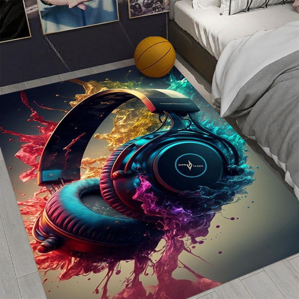 Colorful Sound Waves Wandering Headphones Printed Carpet Art Graffiti Rug Game Room Carpet Suitable for E-sports Enthusiasts