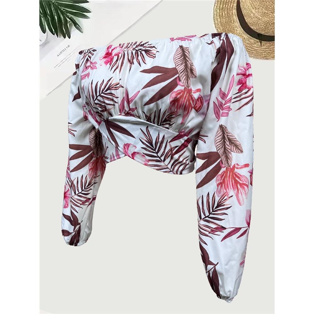 Women's long sleeves off-shoulder one-length neck lantern sleeve printed shirt