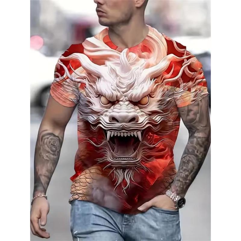 Tricou bărbătesc cu imprimeu de dragon în amestec de bumbac - Guler rotund elegant, confortabil și respirabil, pentru ținute casual de vară, de zi cu zi - Promoție
