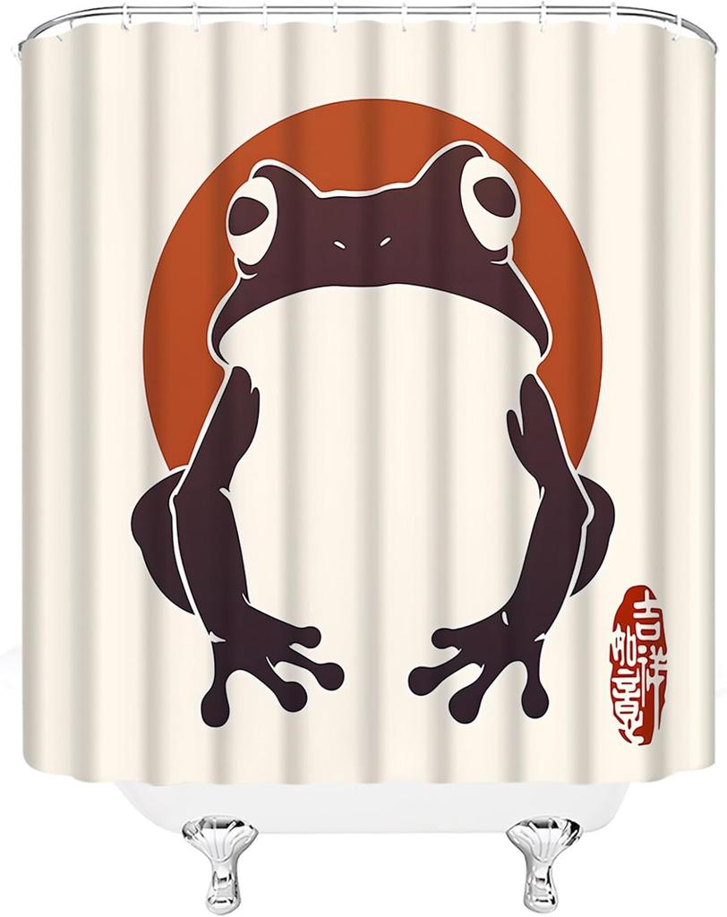 Funny Frog Shower Curtain Asian Style Traditional Japanese Art Vintage Anime Cute Animal Red Sun Retro Bathroom Decor Curtain