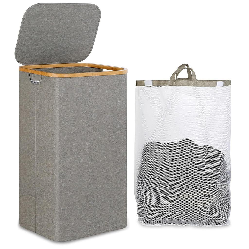 100L Slim Laundry Hamper with Lid Dirty Clothes Basket with Removable and Washable Inner Bag Foldable for Bathroom Bedroom Dorm