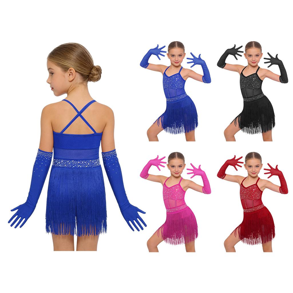 Mädchen Cross-Back-Trikot Netz-Patchwork Stufen-Quasten Ärmellos Latein-Outfit Netz-Handschuhe