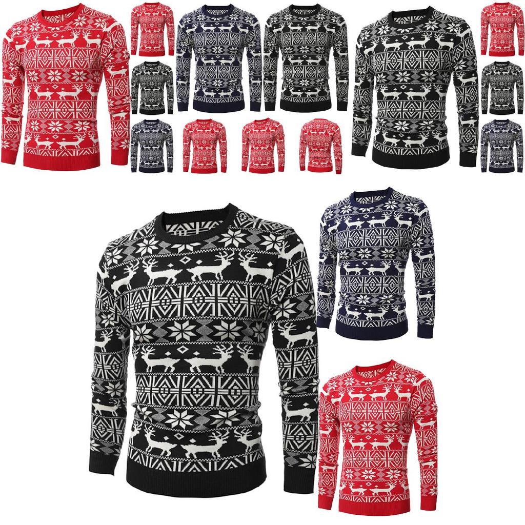 Klassischer Slim Fit Herren Weihnachts-Pullover mit O-Ausschnitt und Schneeflocken-Design