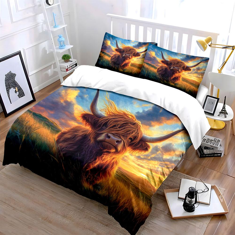 Highland Cow In Golden Sunlight Printed Duvet Cover Set1 Duvet Cover+2 Pillowcasemulti Size Bedroom Bedding Decor Luxury Gifts