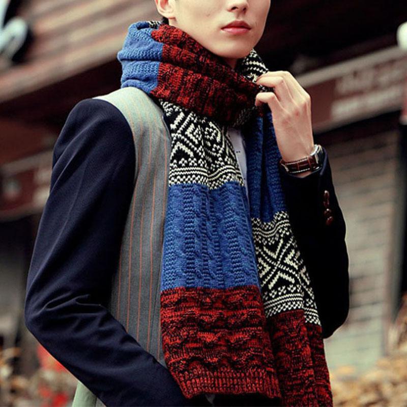 New Winter Men's Scarf Checkered Scarf Keep Warm Casual Knit Neckerchief Patchwork Wool Cashmere Scarf AC086