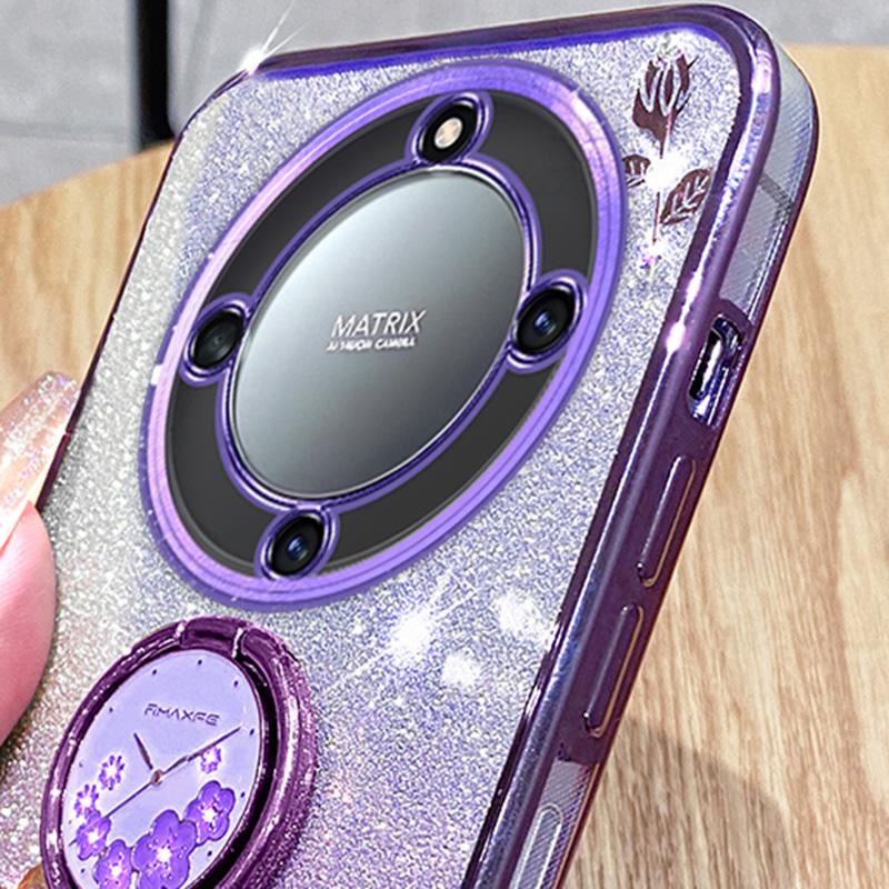 KADEM For Honor X40 5G/Magic5 Lite 5G/X9a 5G Flower Decor TPU Cover Glitter Phone Case Ring Kickstand Shell