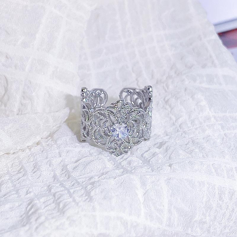 Heavy Industry Lace Pattern Small Flower Inlaid Zir*****Pen Ring Stacked With Niche Design Light Luxury High-End Personalized Ring