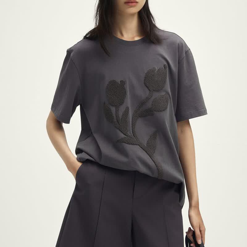 Women's 3D Flocked Floral Short Sleeve T-Shirt