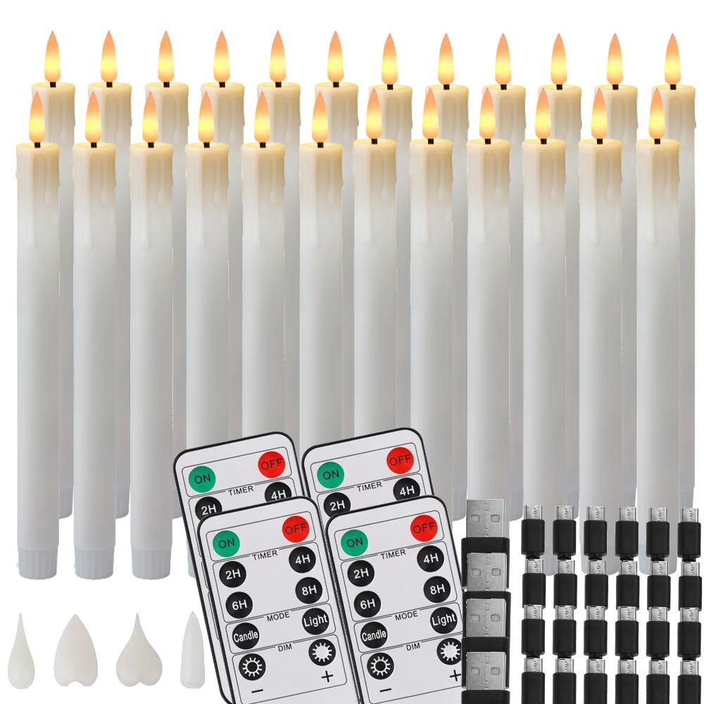 Rechargeable Taper Candles with Remote & 24Pcs Plastic Lamp Head Flickering Flameless Dripping Wax Window Candlesticks Home Deco
