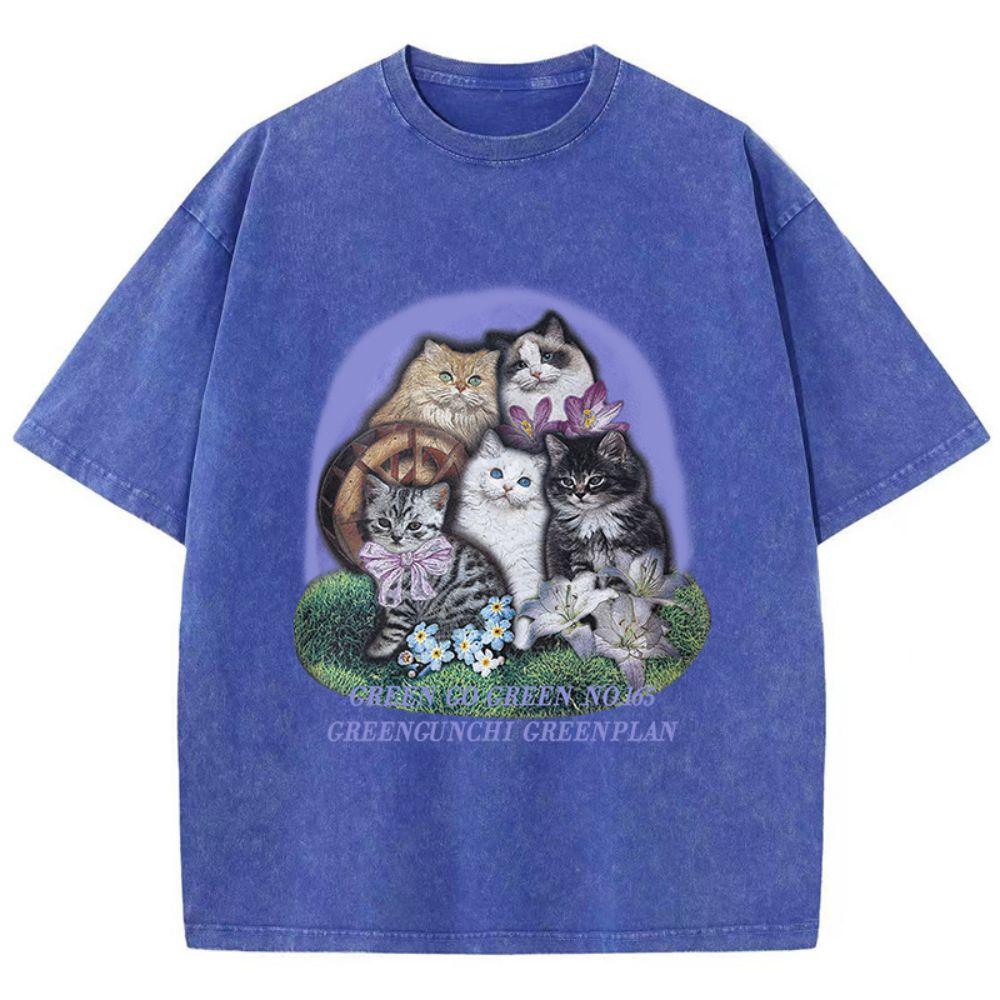 Womans Cotton Washed T-Shirts Five Different Breeds Of Cats Prints Short Sleeve O-Neck Soft Distressed Female Clothes