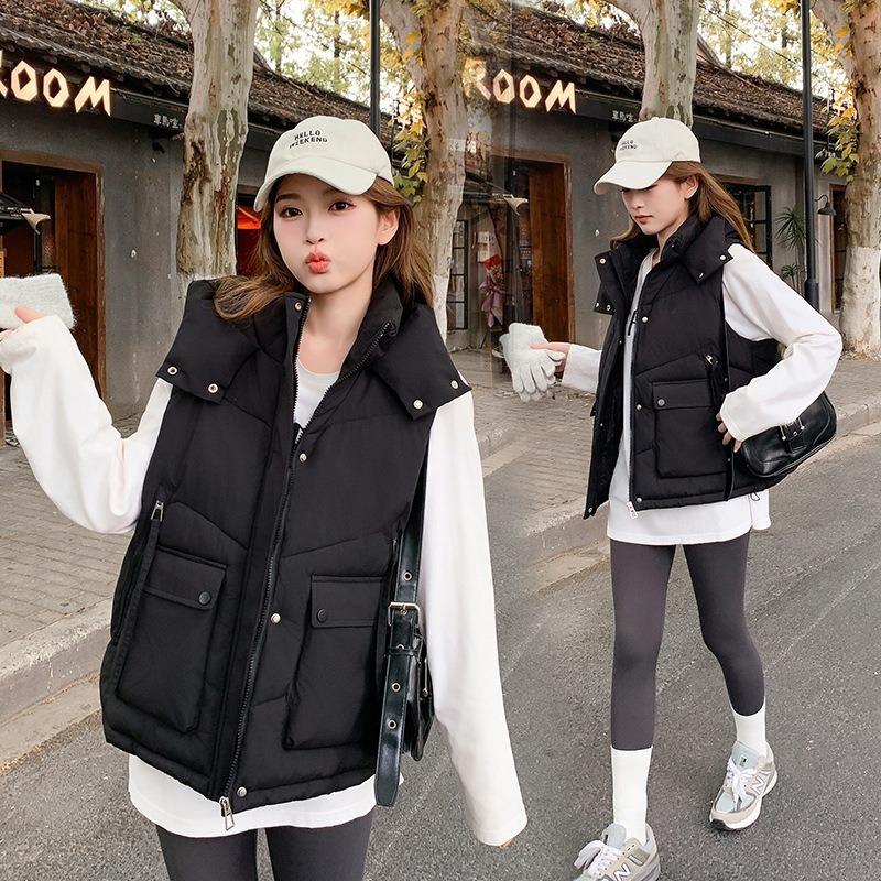 Single cotton vest, large size hooded down cotton vest women's autumn and winter loose cotton vest short cotton vest