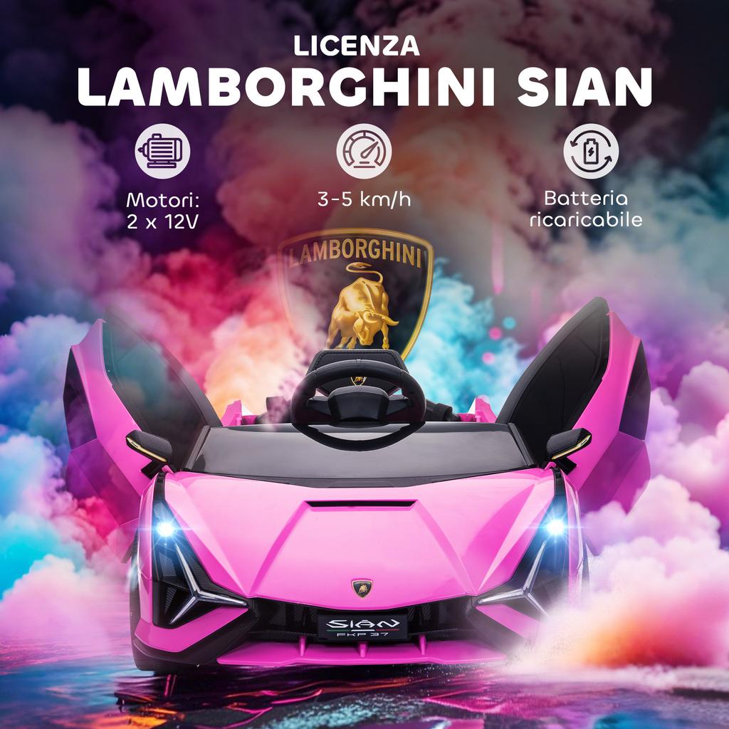 Lamborghini 12V Electric Ride-On Car for Kids Ages 3-5 with Remote Control and 3-5km/h Speed. Pink