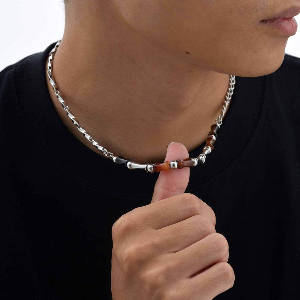Vnox Collier Réglable 46-51cm Acier Bambou avec Fermoir Mousqueton, Perles d'Agate Naturelle Bijoux Minimalistes Cadeau pour Hommes Femmes