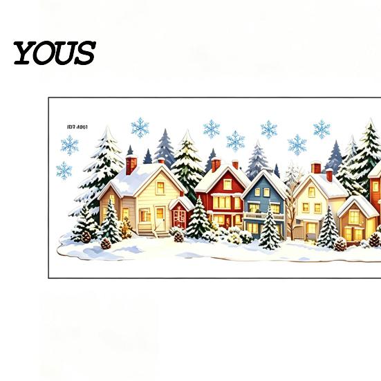 Seasonal Home Decoration Christmas Snow Village Static Window Cling, Glowing Warm Scenery Sticker Snowy Wall Decals for Glass, Snowman House