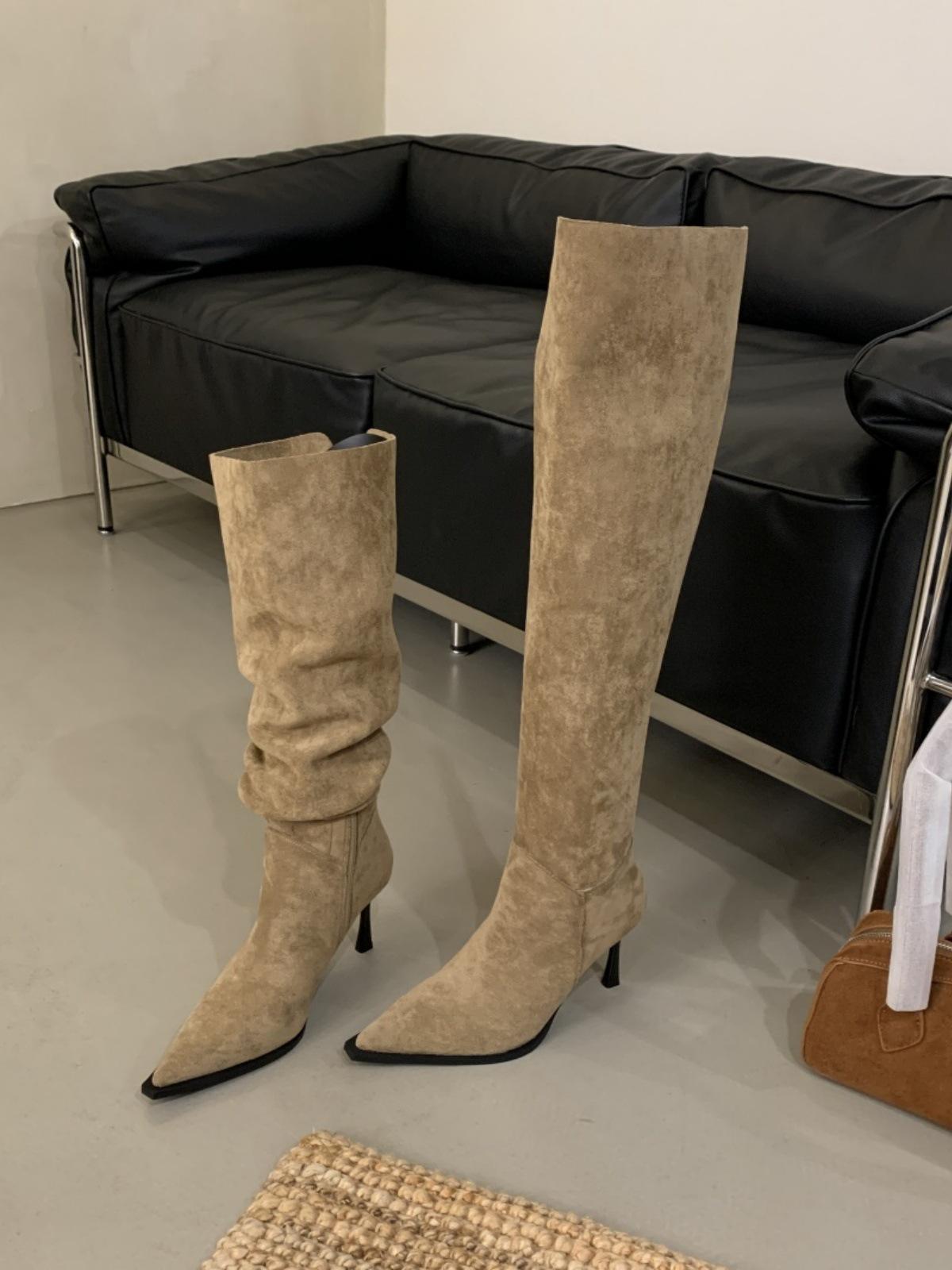 Wear more boots with high thin heels and pointed toes piled up over the knee boots for women s spring and autumn models with side zippers 40 хаки 4180₽