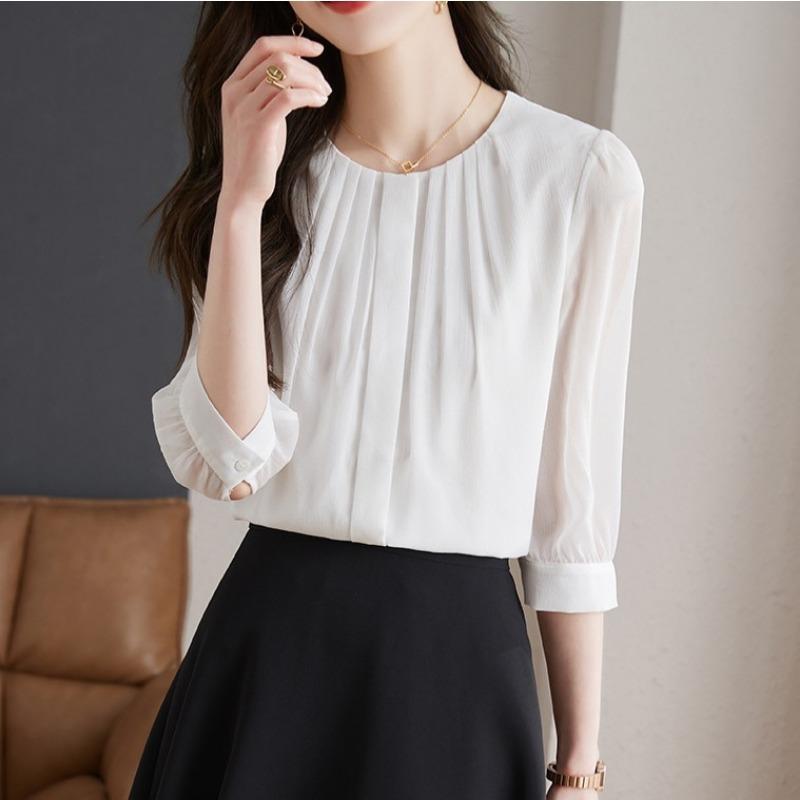 Women Fashion Solid Color Round Neck Three Quarter Sleeve Casual Commute Shirt