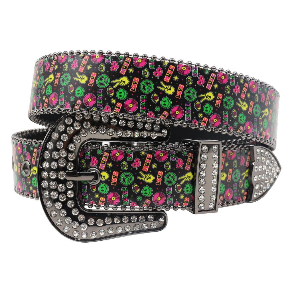 Rhinestone Fluorescent Graffiti Hip Hop Korean Style Women's Belt