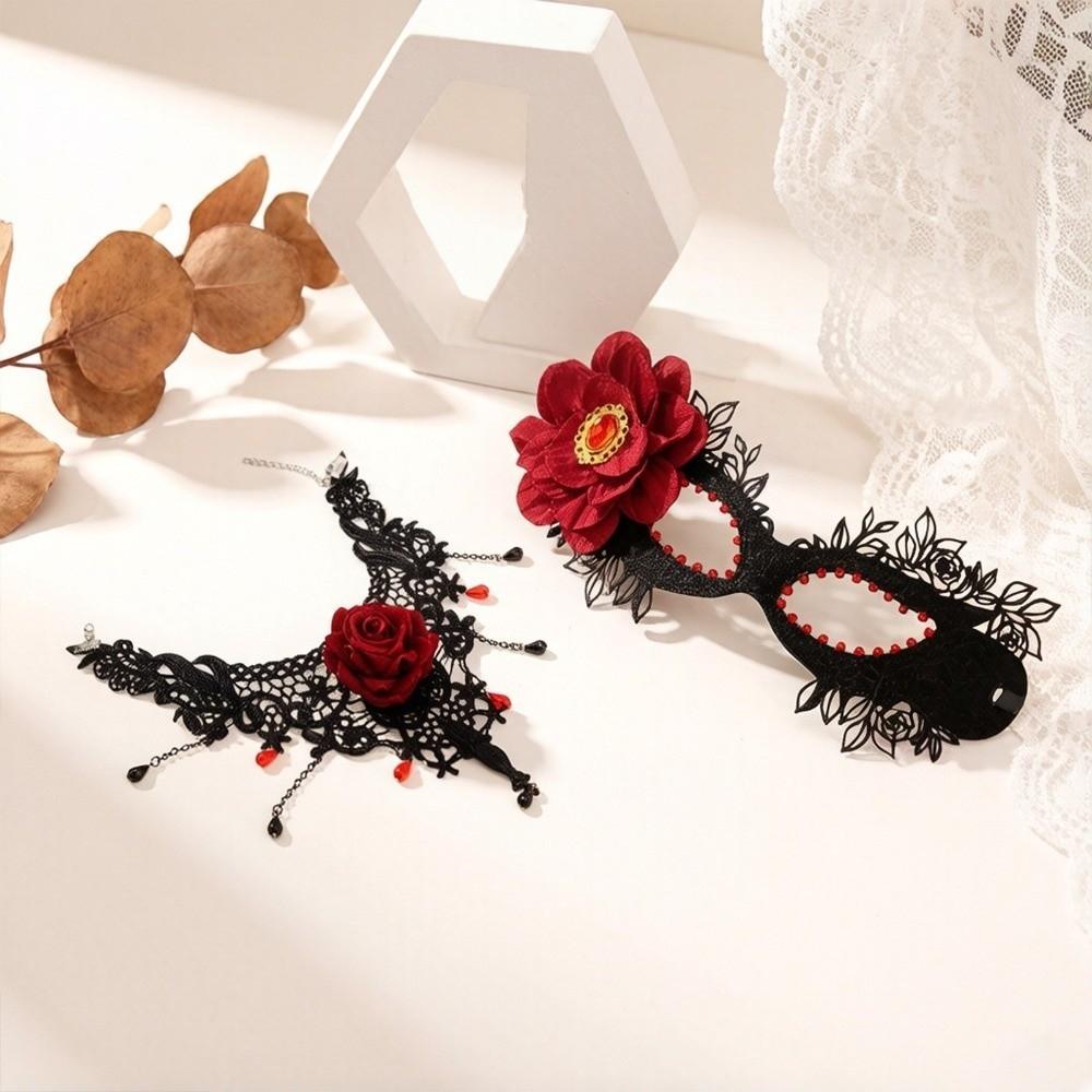 1 Set Dark Gothic Masquerade Mask Red Rose Gothic Choker Necklace Halloween Party