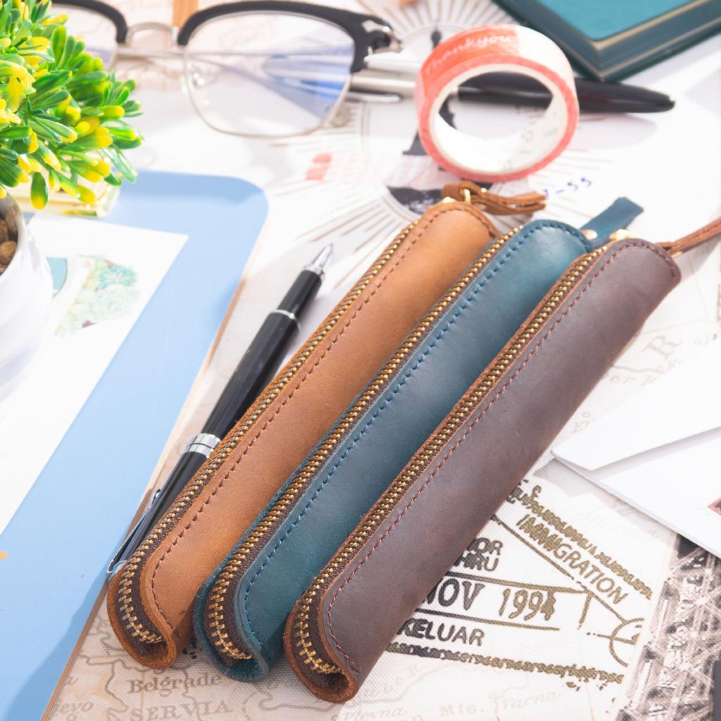 Retro Minimalist Leather Handwritten Cowhide Zipper Pen Case Pen Protection Case Portable Leather Mini Pen Case