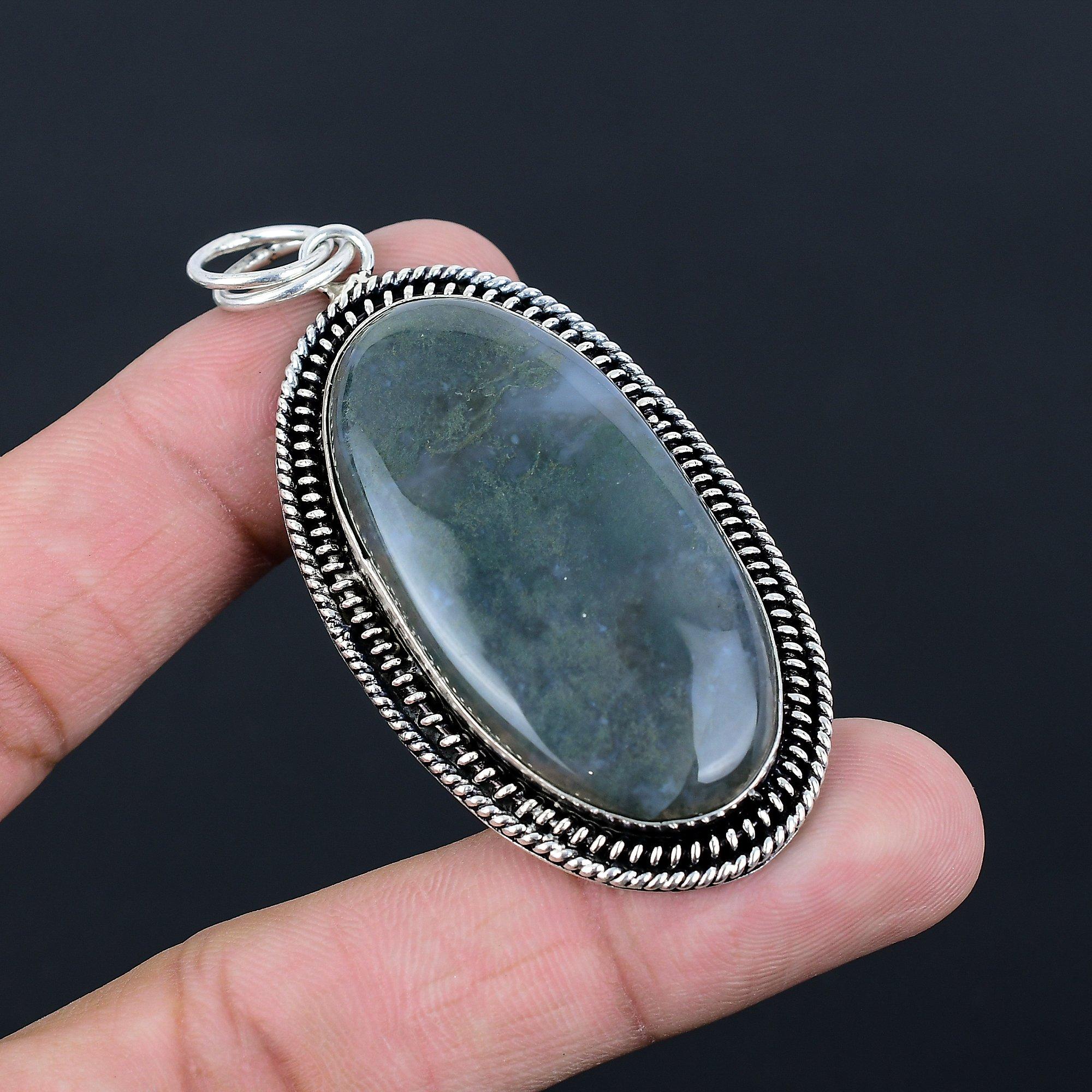 Овальный натуральный солнечный моховой агат 925 пробы стерлингового серебра Подвеска-кулон с глухим креплением для дочери