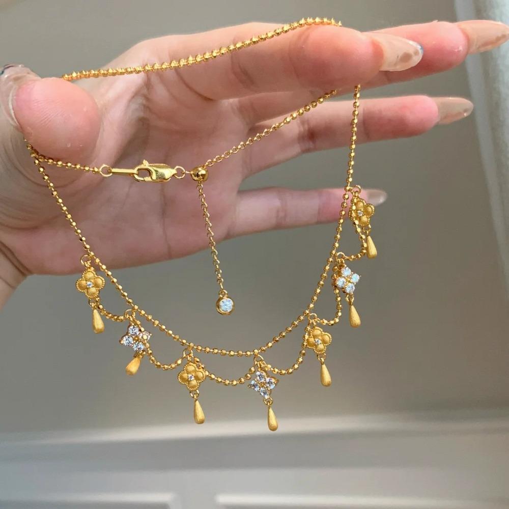 Luxury Four Leaf Clover Necklace Women Elegant Drop Tassel Diamond Vintage Princess Chain Collarbone Jewelry Gift