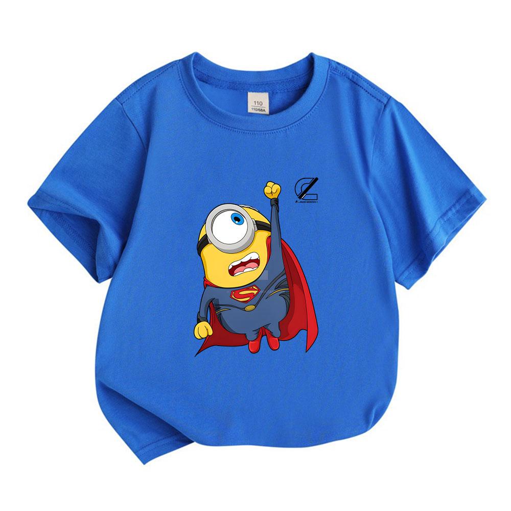Kids Boys Girls 100% Cotton Crew Neck Short Sleeve T-Shirt, Funny Cute Flying Super Hero Minion Print Casual Comfortable Tee for Children Daily Outdoo