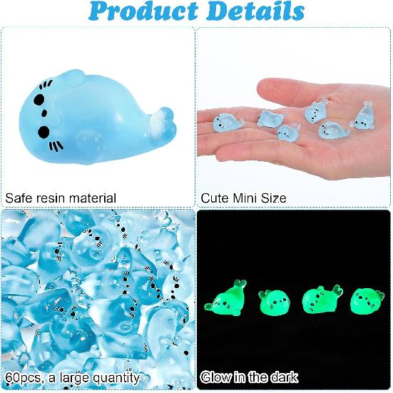 60PCS Glow In The Dark Mini Seal Figurines, Mini Resin Animals, Cute Luminous Seal Animals for Fairy Garden, Aquarium, Potted Plants, Desk Display