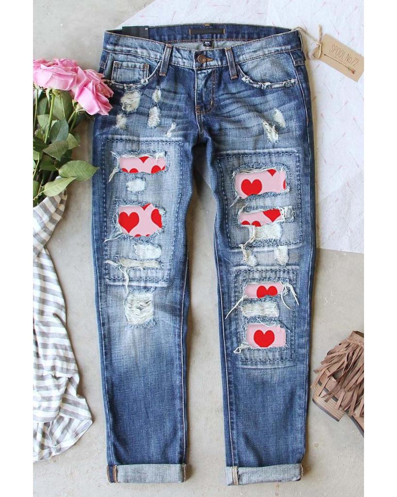Azura Exchange Kalp Patchwork Yıpranmış Kot Pantolon
