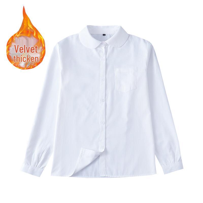 Japanese JK Uniform Long-Sleeve White Shirt, Velvet-Enhanced, Pointed/Square Collar, Opaque, School Uniform.