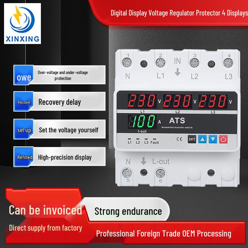 Three-Phase Over/Under Voltage Protector with ATS, 63A/80A/100A, 4-Display