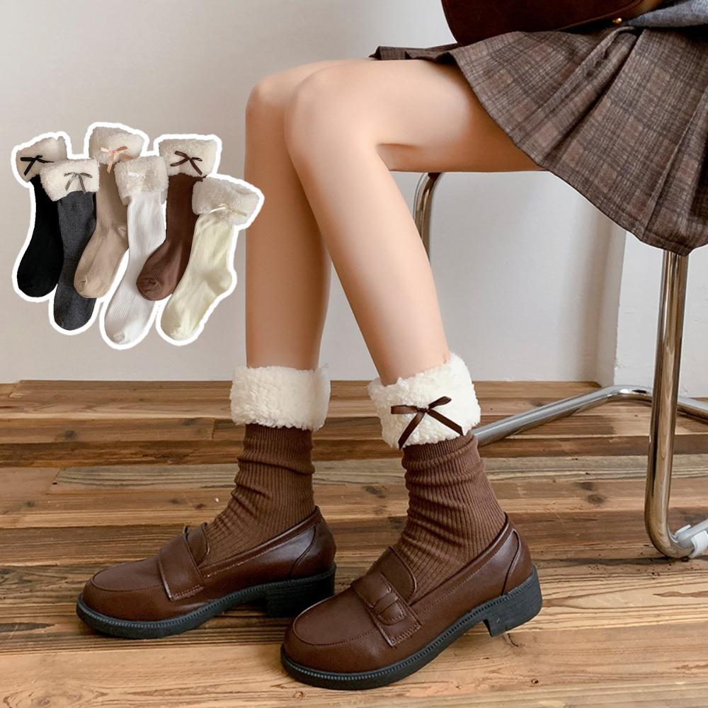 

Bow Winter Socks Women Y2K Coral Fleece Socks Kawaii Cotton Lolita Socks Lady бежевий