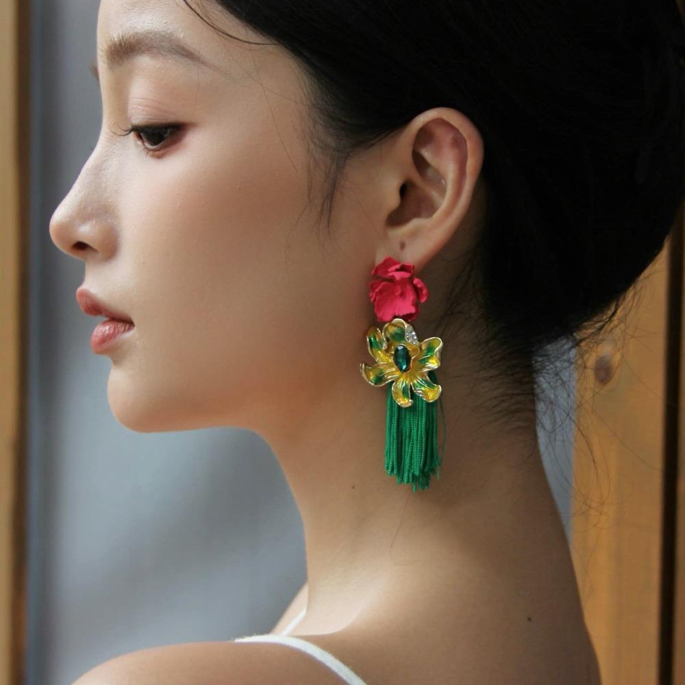 Strass-Blumen-Hängeohrringe Quaste Süße Ohrringe Trendige Bohemian-Ohrringe Damen Weiblich