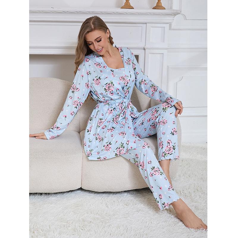 Three-Piece Pajama Set: Robe, Long Pants & Camisole In European & American Sizes