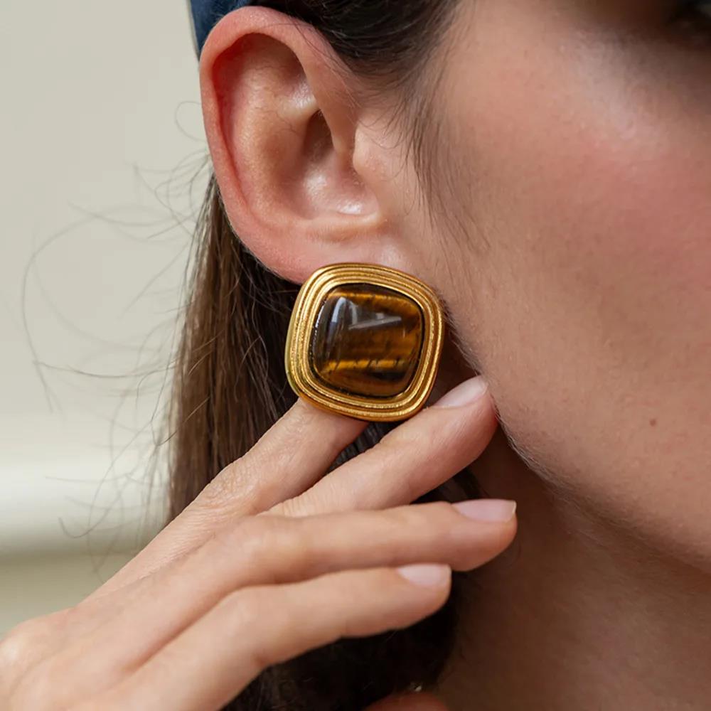 New Fashion Retro Natural Stone Stainless Steel Stud Earrings for Women Waterproof Gold Color Geometric Square Piercing Earrings